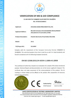 Certificación CE para la máquina recicladora y peletizadora de plástico